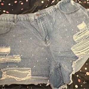 SHEIN Blue Distressed Jean Shorts with Pearl Studs💙
